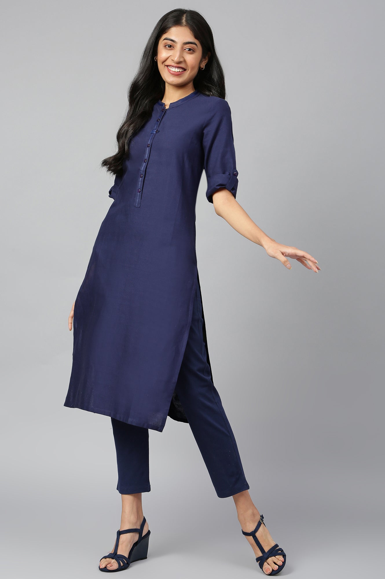 Navy Blue Mandarin Neck Basic kurta