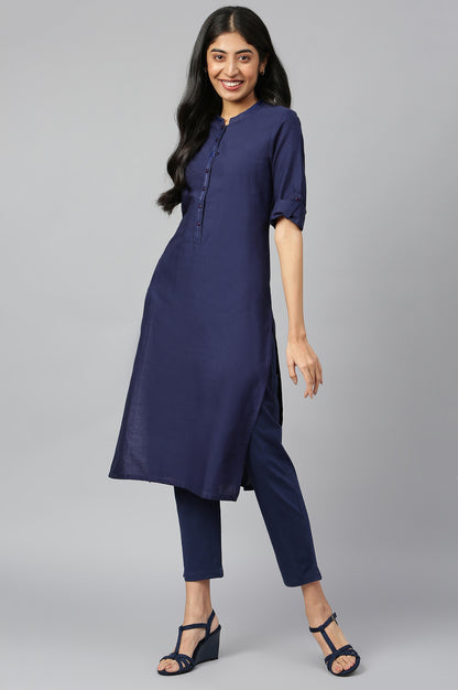 Navy Blue Mandarin Neck Basic kurta