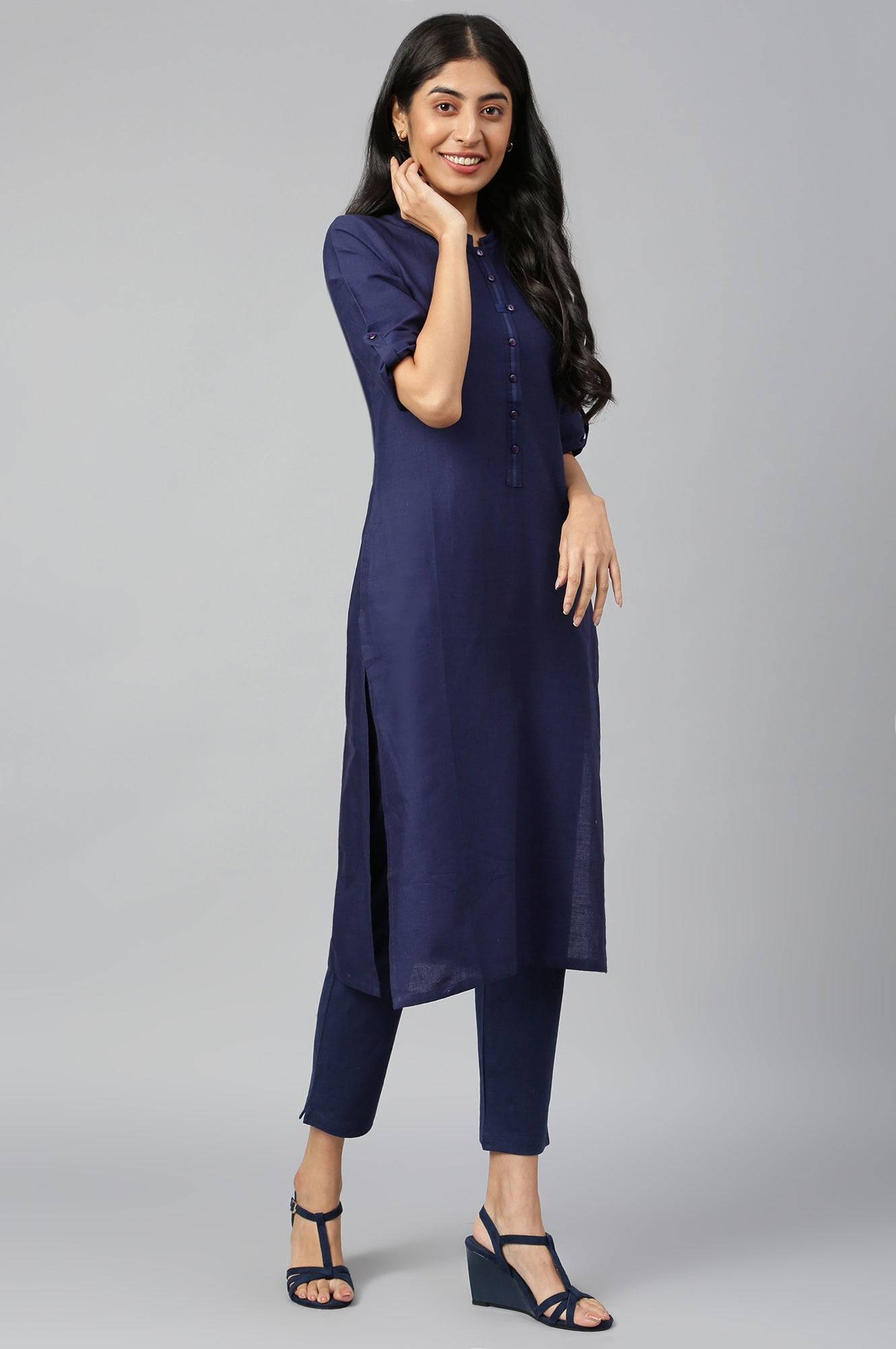 Navy Blue Mandarin Neck Basic kurta