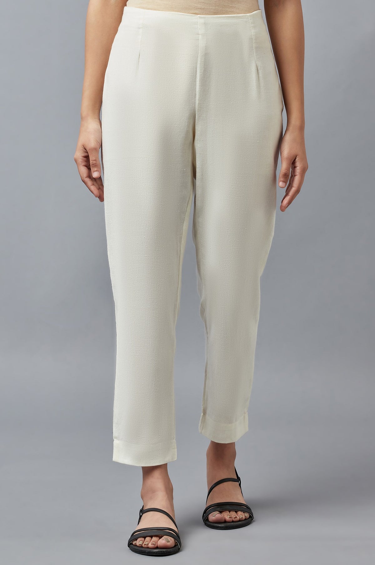 White Solid Trousers - XS