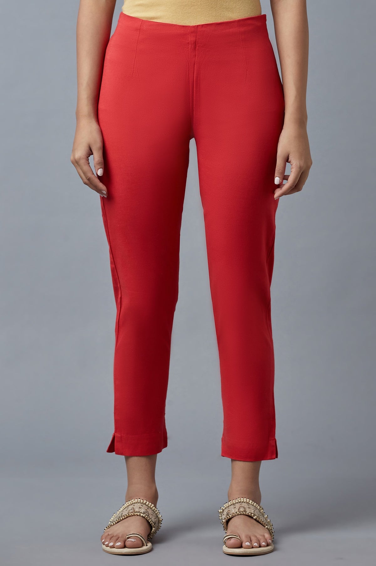 Red Solid Trousers - XS