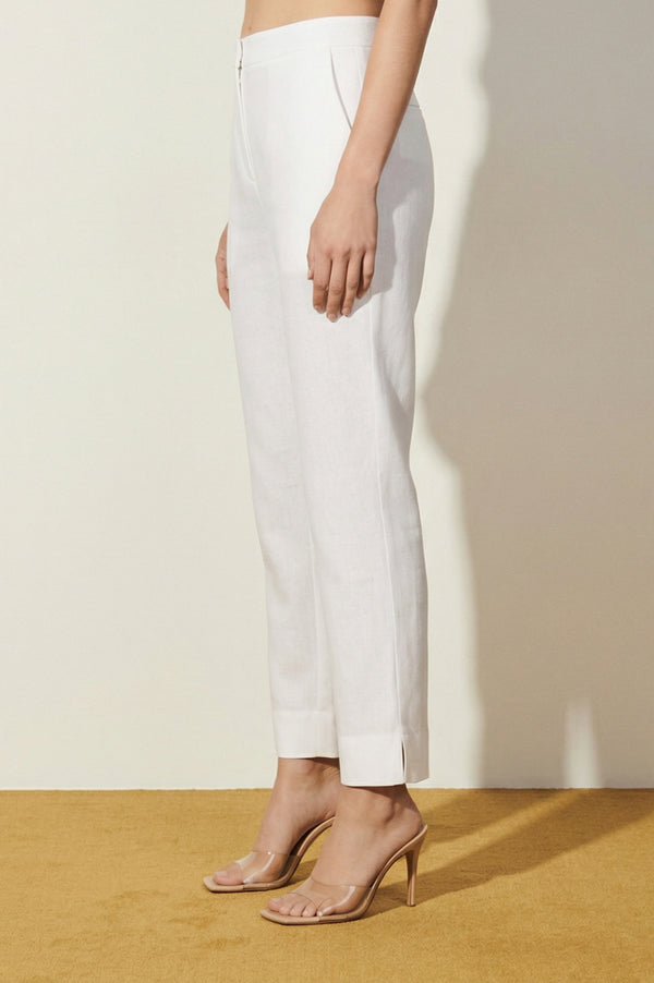 Elleven Women's White Solid Cotton Flax Straight Fit Ankle Length Trousers