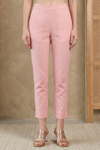 Pink Solid Cotton Flax Tapered Fit Trousers