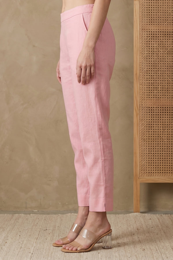 Pink Solid Cotton Flax Tapered Fit Trousers