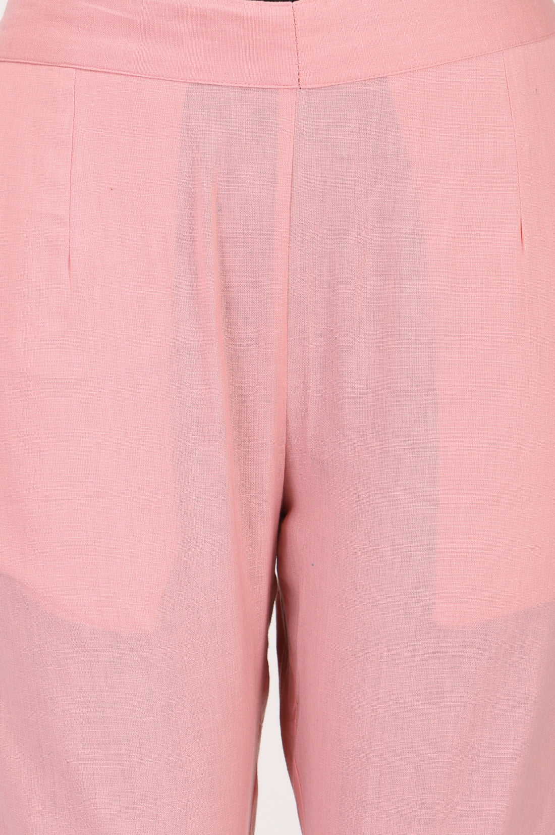 Pink Solid Cotton Flax Tapered Fit Trousers