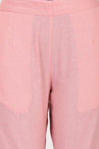 Pink Solid Cotton Flax Tapered Fit Trousers