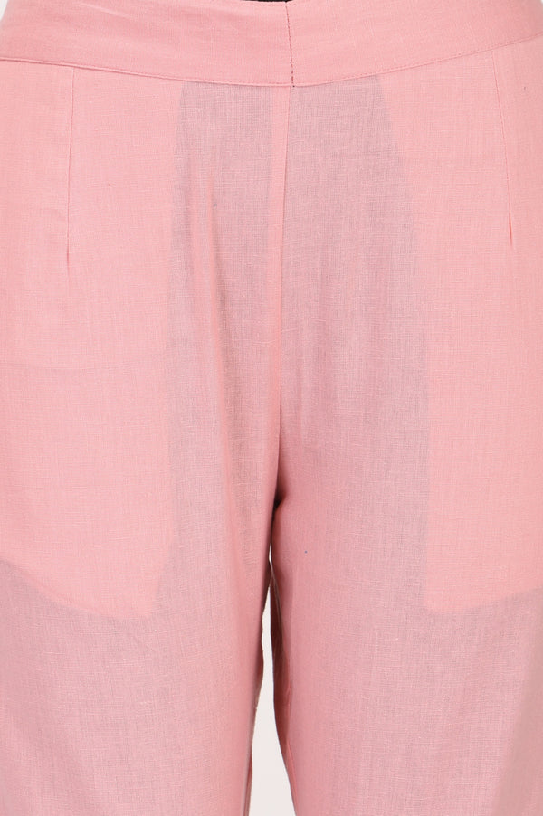 Pink Solid Cotton Flax Tapered Fit Trousers