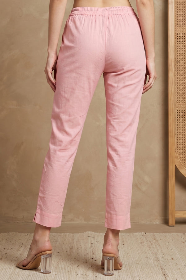 Pink Solid Cotton Flax Tapered Fit Trousers