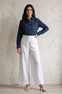 White Solid Cotton Flax Wide Leg Ankle Length High Rise Palazzo