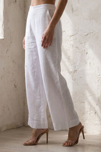 White Solid Cotton Flax Wide Leg Ankle Length High Rise Palazzo