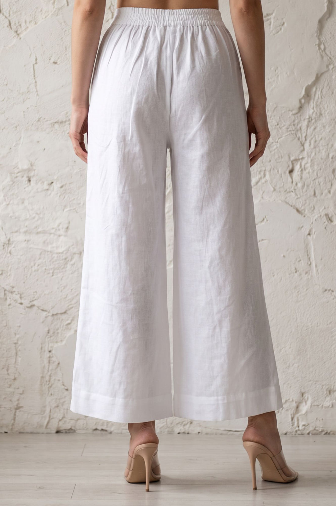 White Solid Cotton Flax Wide Leg Ankle Length High Rise Palazzo