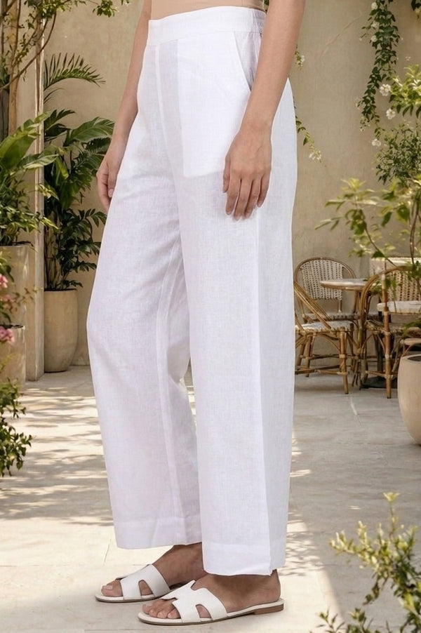 White Solid Cotton Flax Palazzo