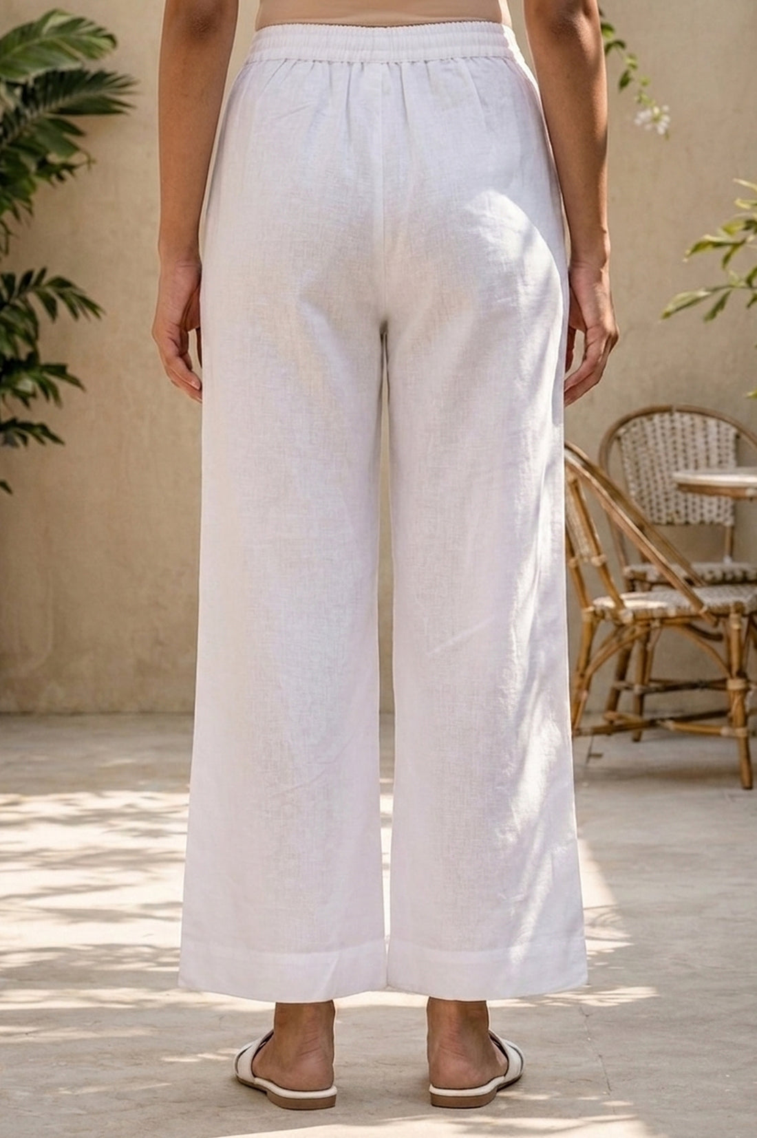 White Solid Cotton Flax Palazzo