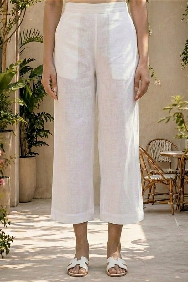 White Solid Cotton Flax Wide Leg Cullotes