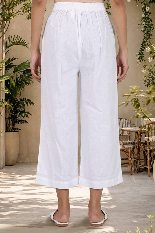 White Solid Cotton Flax Wide Leg Cullotes
