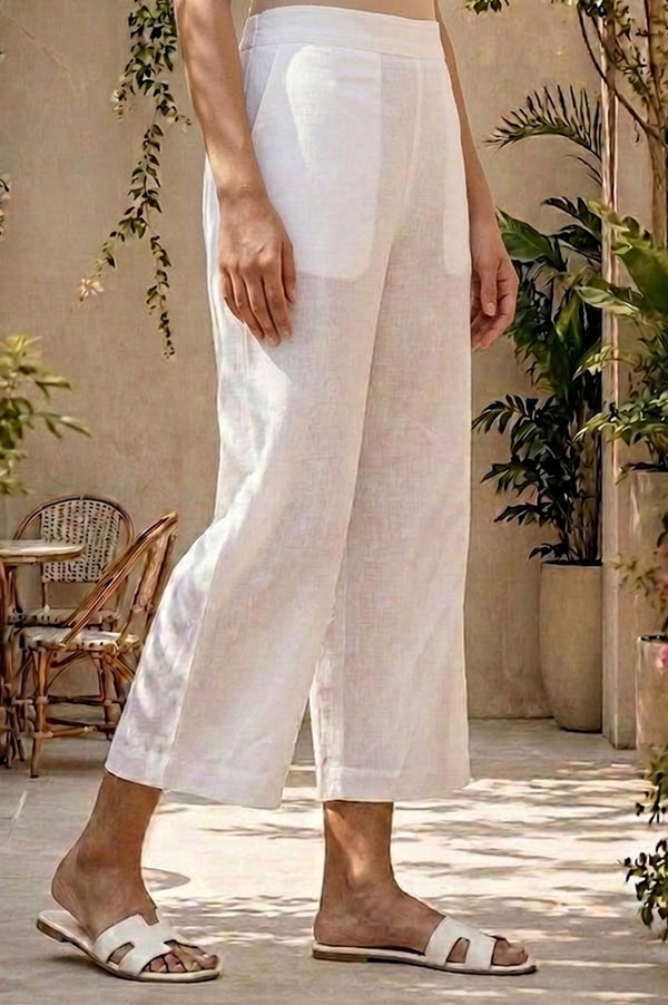 White Solid Cotton Flax Wide Leg Cullotes