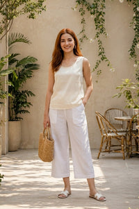 White Solid Cotton Flax Wide Leg Cullotes