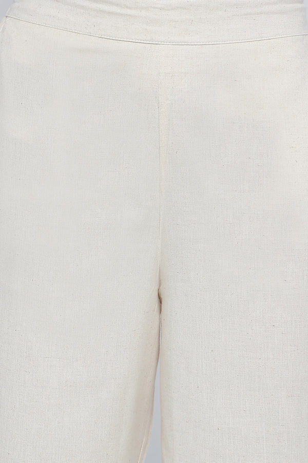 Off White Solid Cotton Flax Culottes in Calf Length