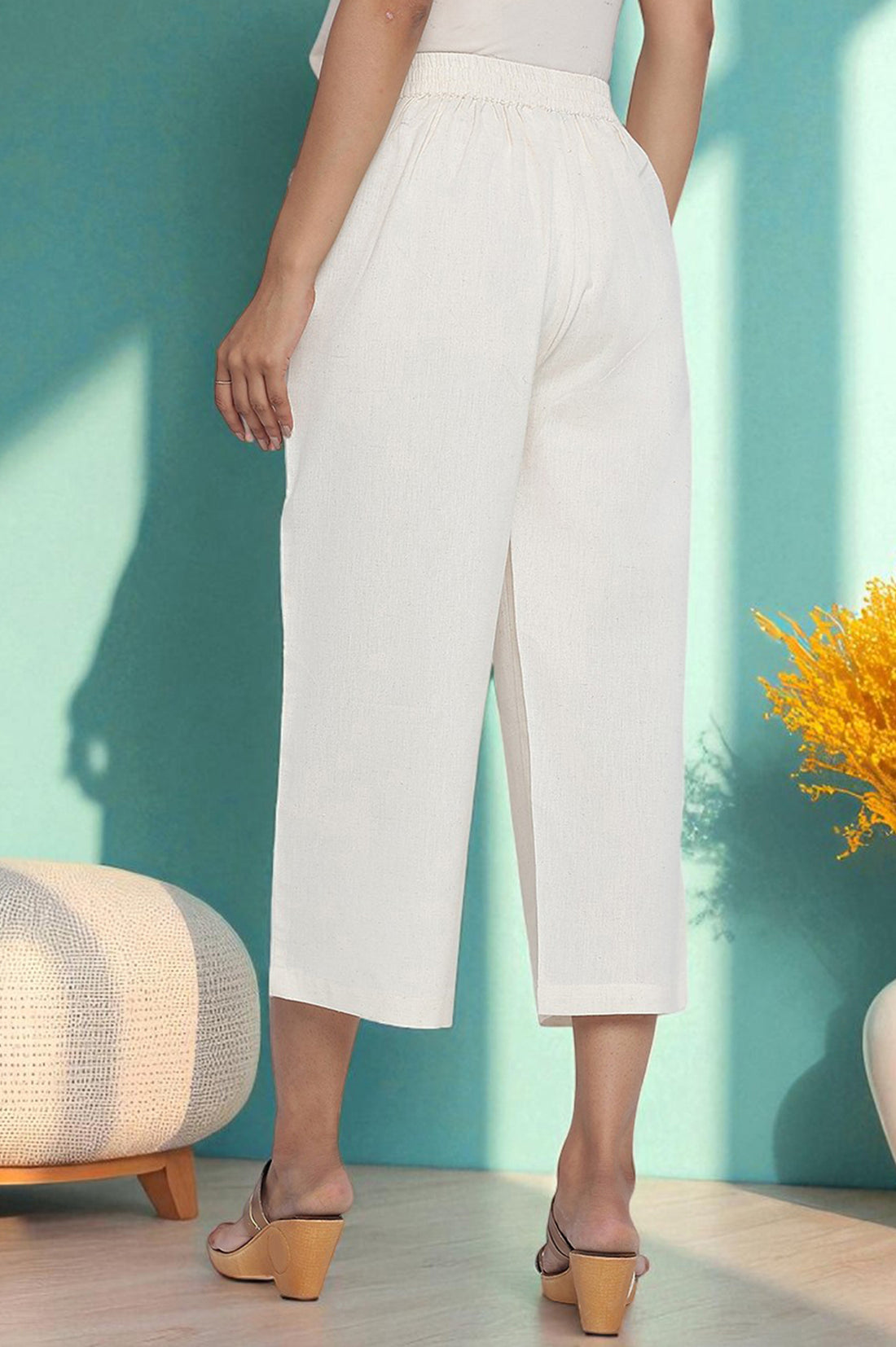 Off White Solid Cotton Flax Culottes in Calf Length