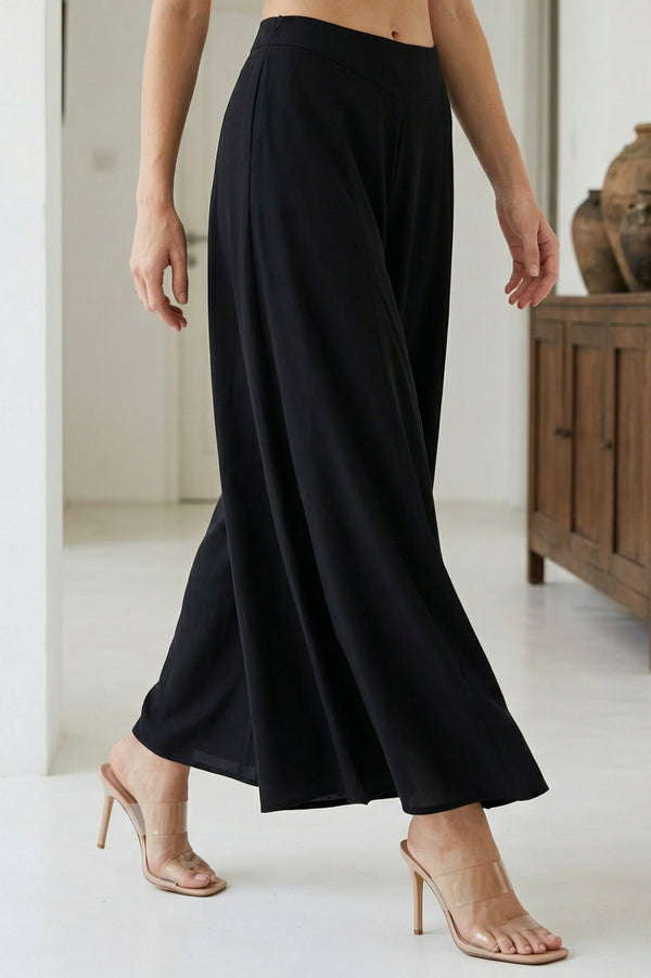 Elleven Women's Black Solid Crepe Wide Leg Flared Ankle Length Palazzo