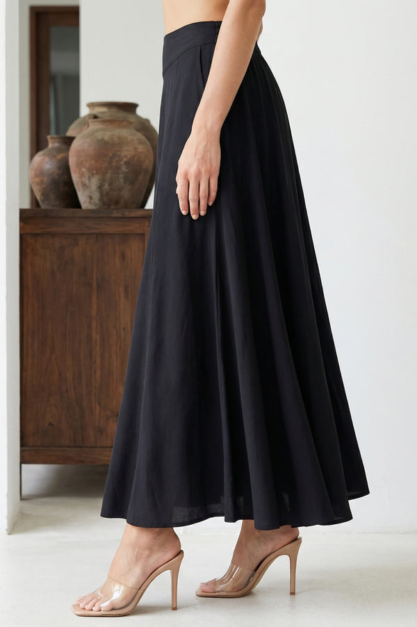 Elleven Women's Black Solid Crepe Wide Leg Flared Ankle Length Palazzo