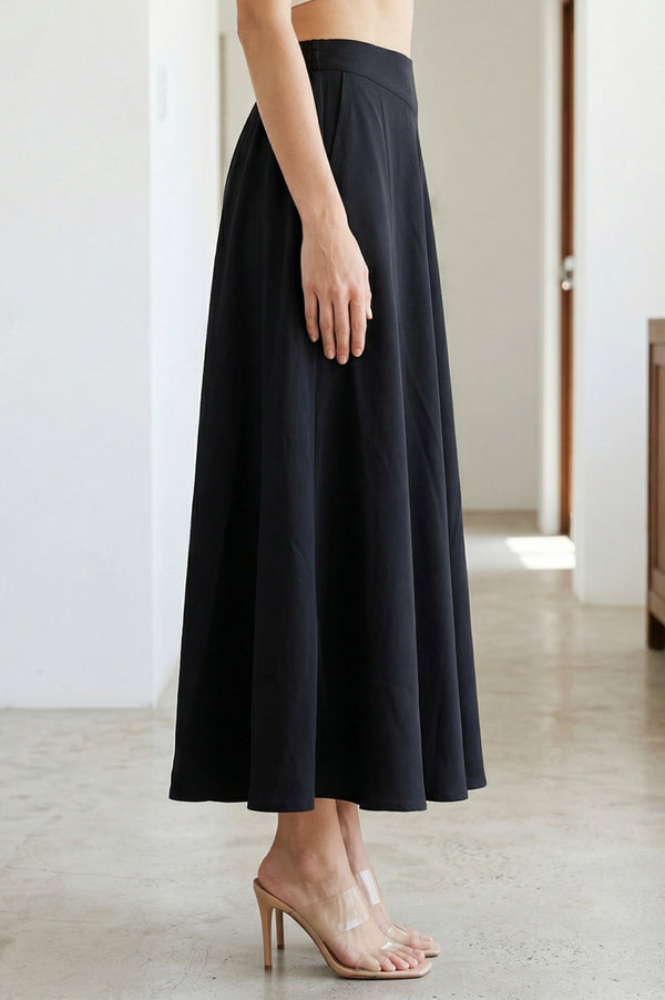 Elleven Women's Black Solid Crepe Wide Leg Flared Ankle Length Palazzo