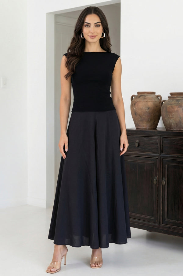 Elleven Women's Black Solid Crepe Wide Leg Flared Ankle Length Palazzo