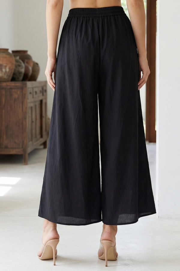 Elleven Women's Black Solid Rayon Wide Leg Cullotes