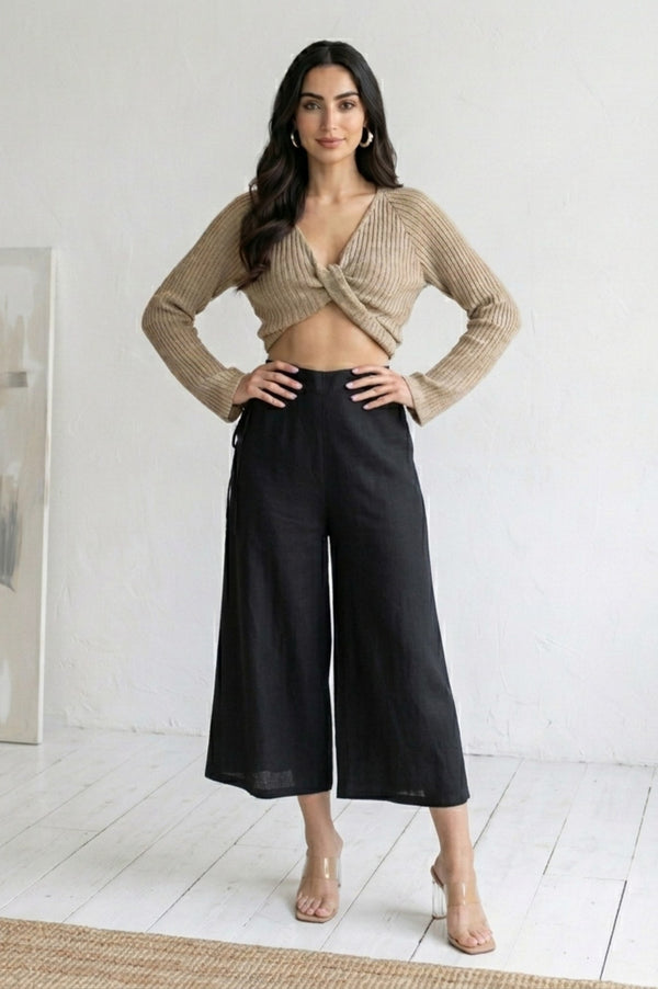 Elleven Women's Black Solid Rayon Wide Leg Cullotes