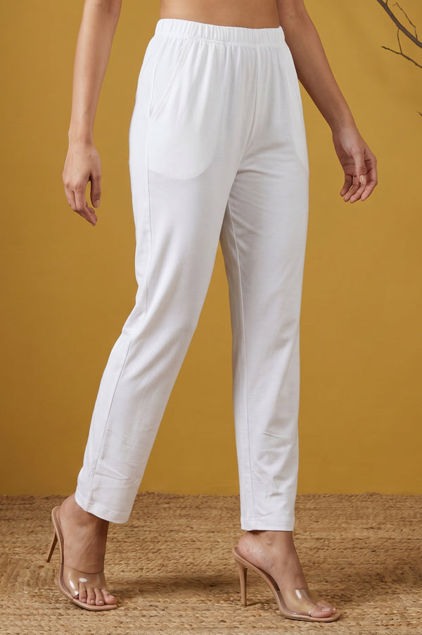 White Slim Fit Tapered Ankle Length Mid Rise Trousers