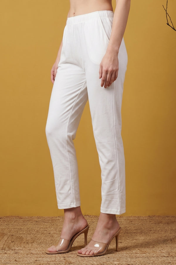 White Slim Fit Tapered Ankle Length Mid Rise Trousers