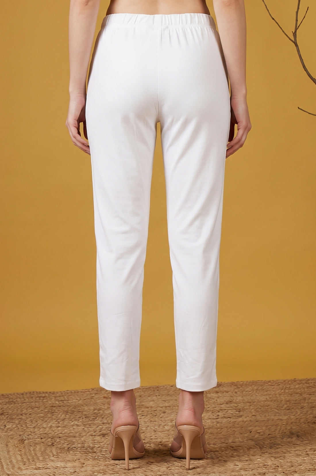 White Slim Fit Tapered Ankle Length Mid Rise Trousers