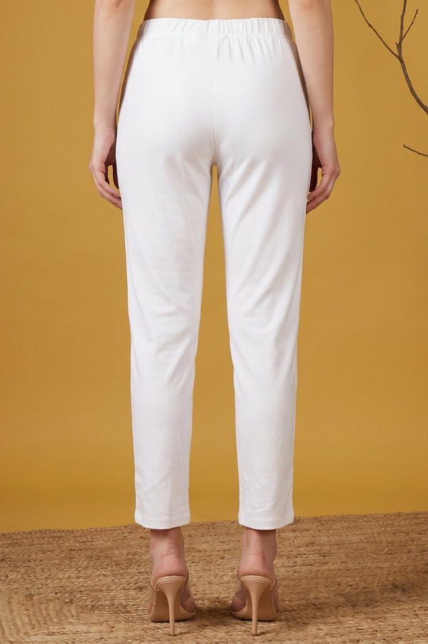 White Slim Fit Tapered Ankle Length Mid Rise Trousers