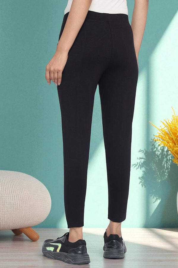 Black Solid Mid Rise Tights in Calf Length