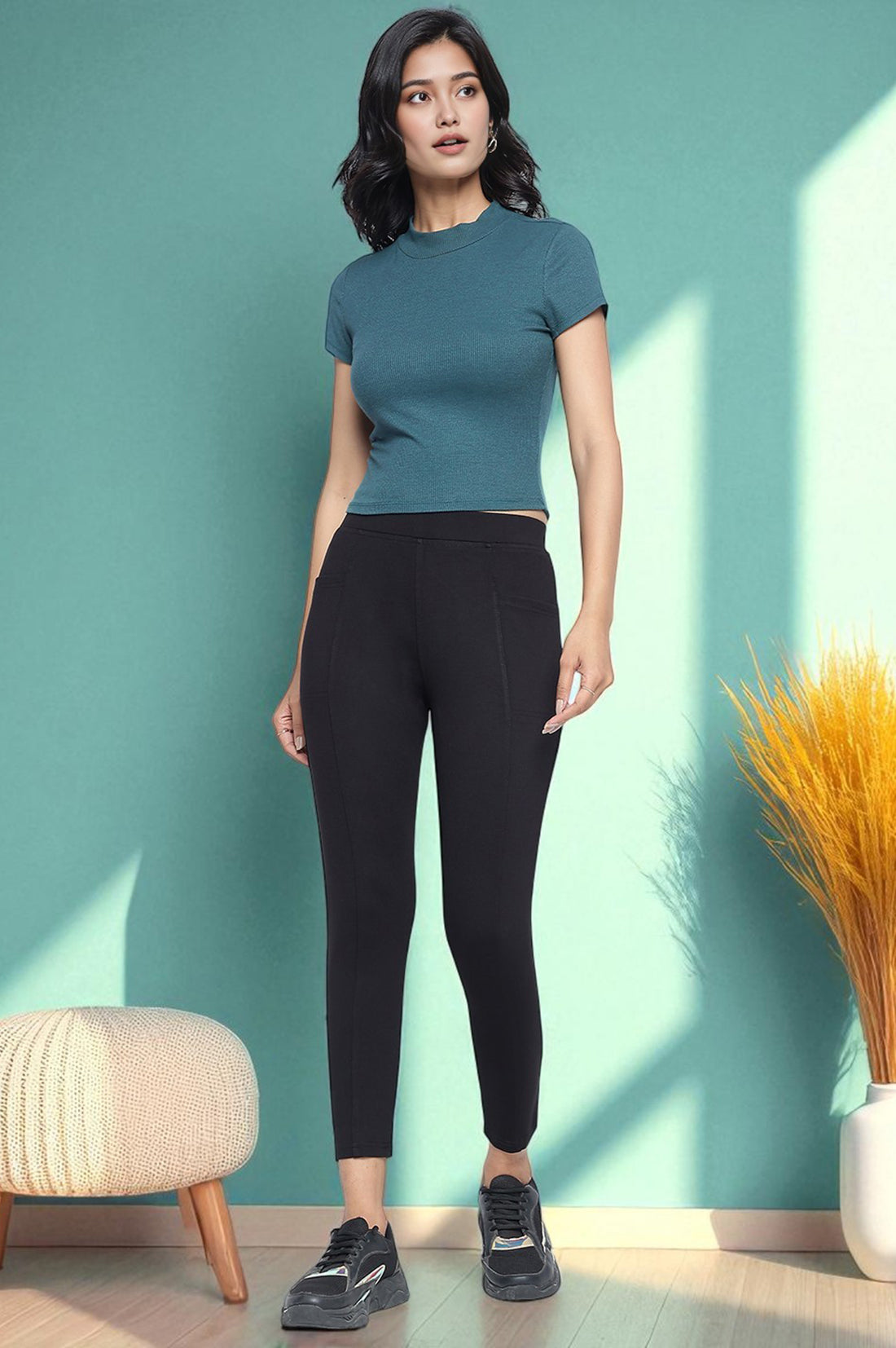 Black Solid Mid Rise Tights in Calf Length