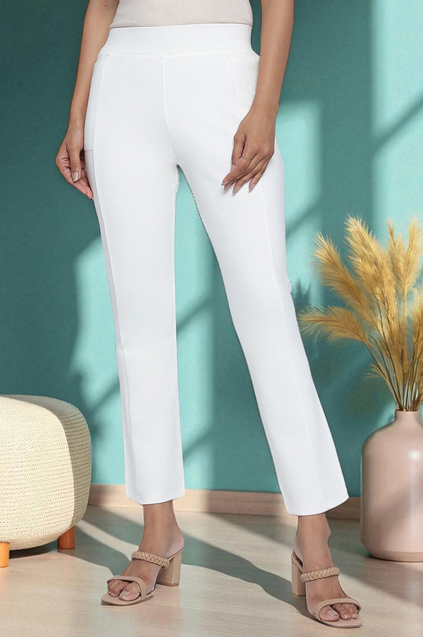 Elleven Women's Off White Solid Mid Rise Tights in Ankle Length