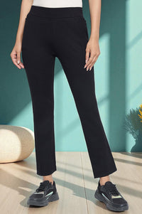 Black Solid Mid Rise Tights in Ankle Length