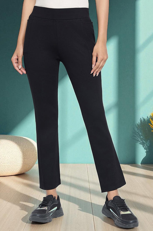 Elleven Women's Black Solid Mid Rise Tights in Ankle Length