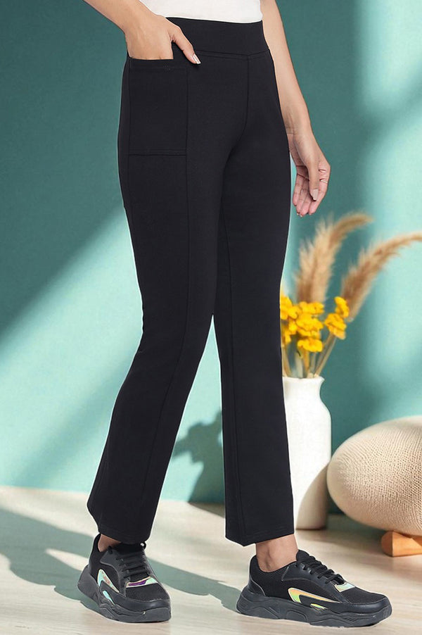 Elleven Women's Black Solid Mid Rise Tights in Ankle Length
