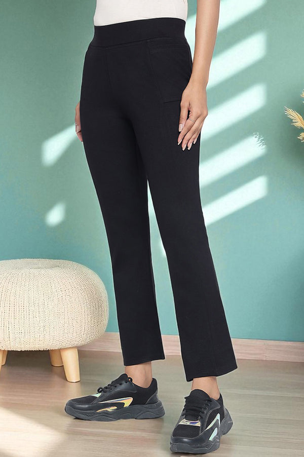 Elleven Women's Black Solid Mid Rise Tights in Ankle Length