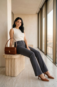 Charcoal Solid Buttons Rayon Straight Fit Ankle Length Pants