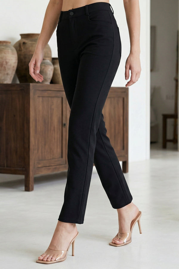 Elleven Women's Black Solid Rayon Blend Slim Fit Ankle Length Pants
