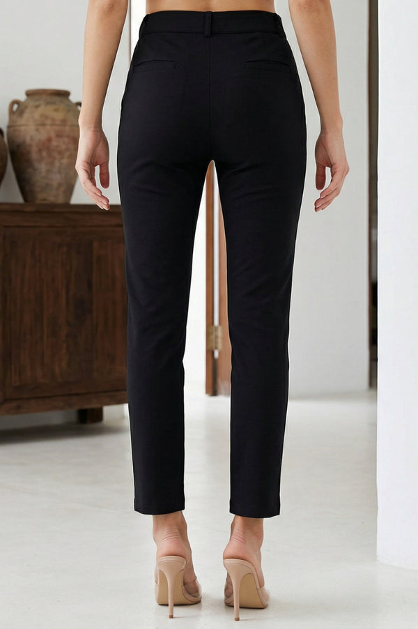 Elleven Women's Black Solid Rayon Blend Slim Fit Ankle Length Pants