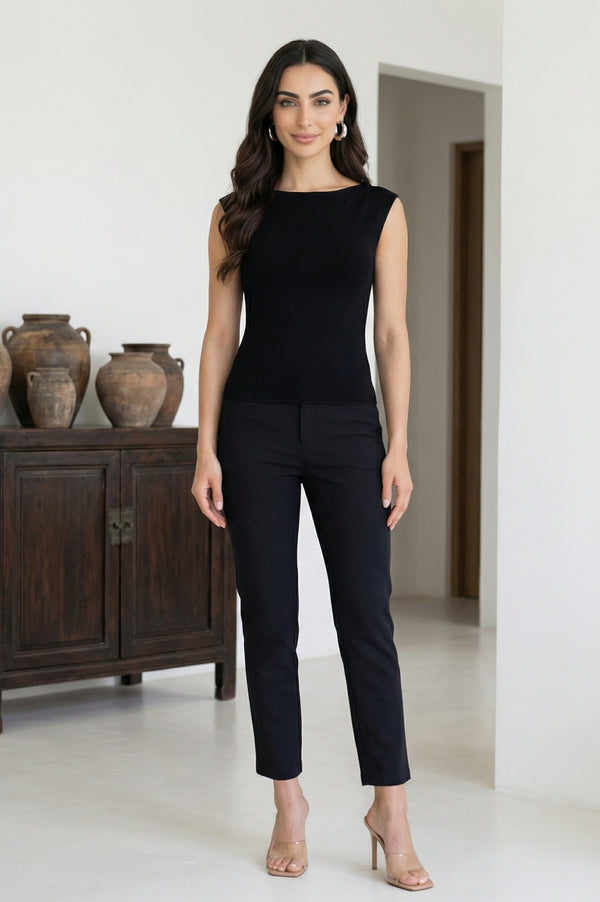 Elleven Women's Black Solid Rayon Blend Slim Fit Ankle Length Pants