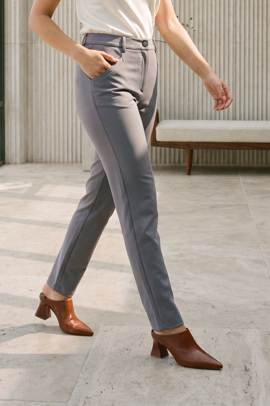 Grey Solid Buttons Rayon Slim Fit Ankle Length Mid Rise Pants