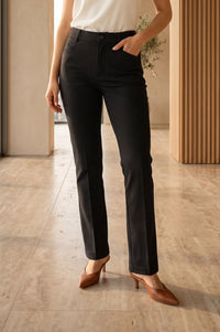 Black Solid Buttons Rayon Straight Fit Ankle Length Mid Rise Pants