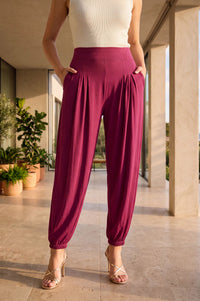 Magenta Solid Pocket Flap Jogger Ankle Length Mid Rise Harem Pants