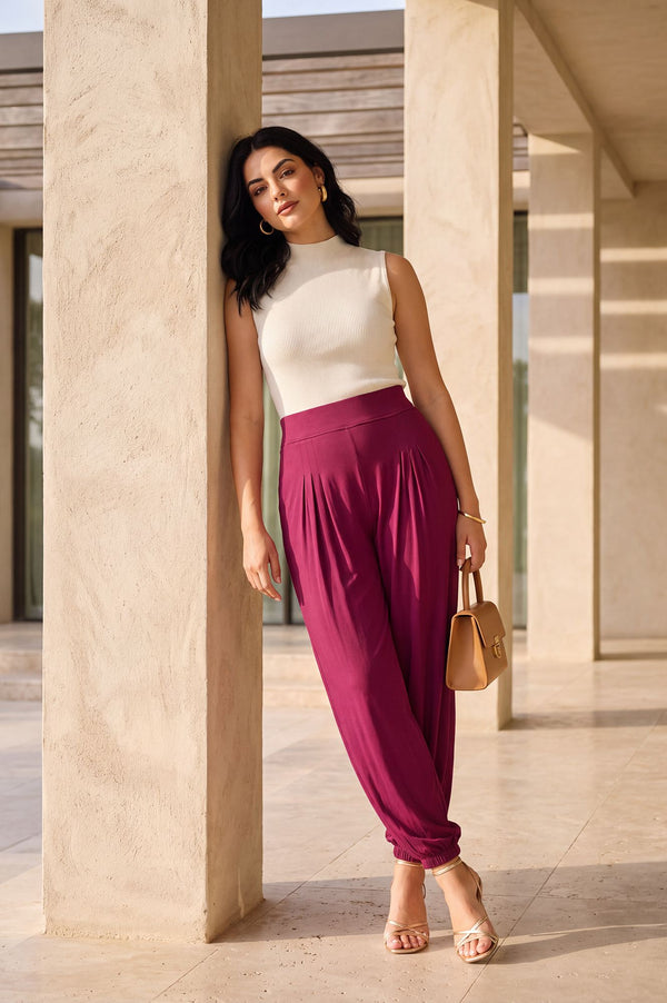Magenta Solid Pocket Flap Jogger Ankle Length Mid Rise Harem Pants