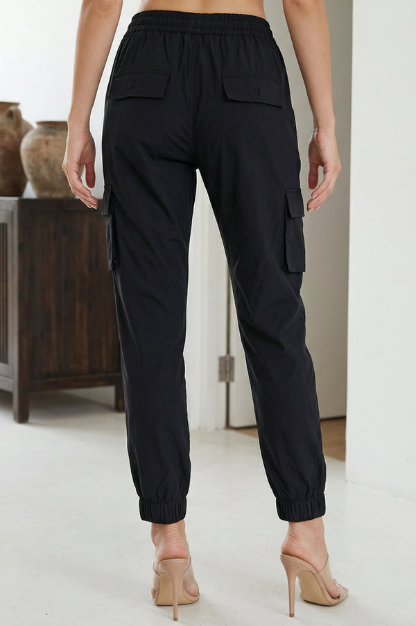 Elleven Women's Black Solid Pure Cotton Ankle Length Cargo
