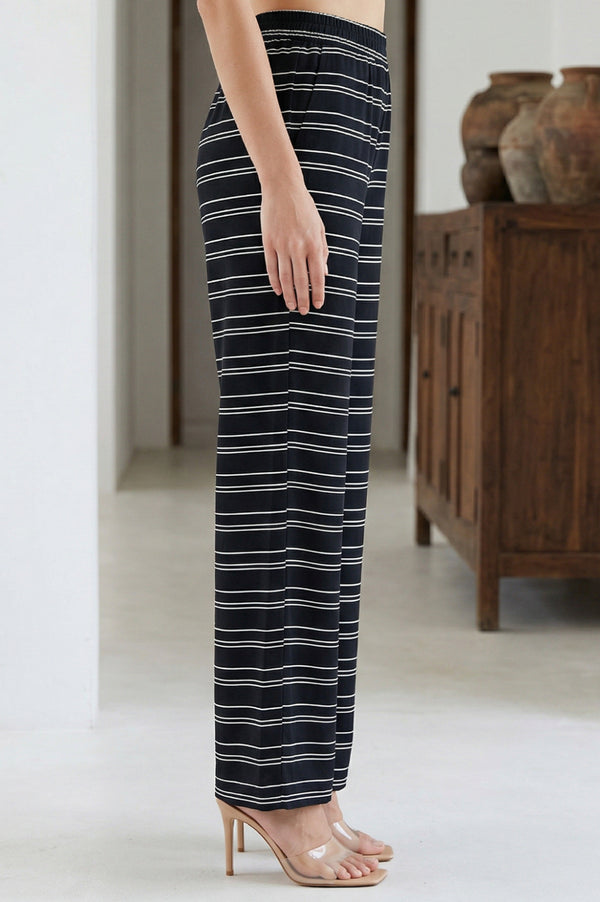 Elleven Women's Black Yarn Dyed Striped Cotton Blend Straight Fit Ankle Length Trousers